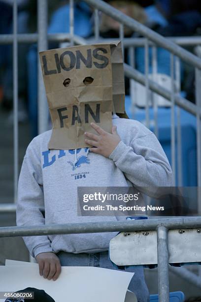 Detroit Lions fan wears a paper bag over his head during a game Carolina Panthers on November 16, 2008 at the Bank of America Stadium in Charlotte,...