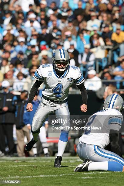 Jason Hanson of the Detroit Lions kicks a field goal on hold by Nick Harris during a game against the Carolina Panthers on November 16, 2008 at the...