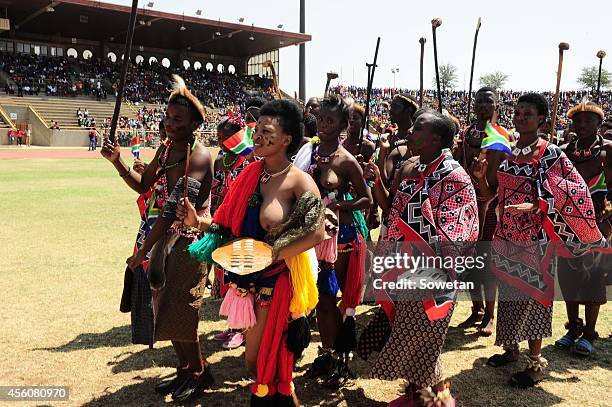 Traditional dancers during Heritage Day celebrations at James Motlatsi Stadium on September 24, 2014 in Orkney, South Africa. People dressed in their...