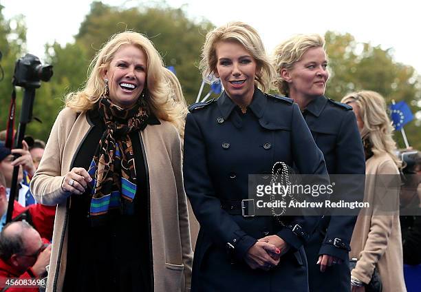 Hilary Watson , wife of United States team captain Tom Watson looks on with Allison McGinley, wife of Europe team captain Paul McGinley prior to the...