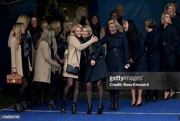 Hilary Watson , wife of United States team captain Tom Watson looks on with Allison McGinley, wife of Europe team captain Paul McGinley prior to the...