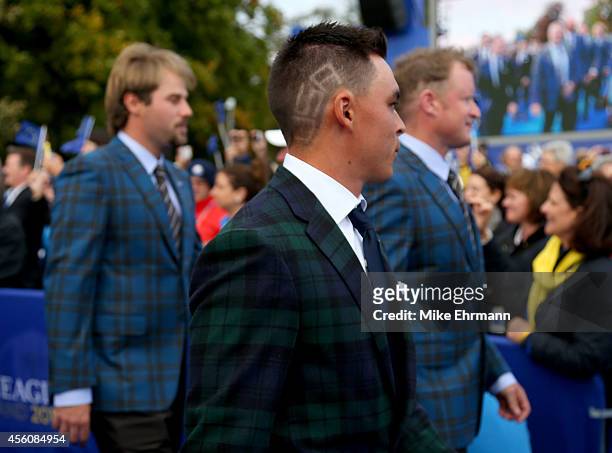 Rickie Fowler of the United States displays his new haircut during the Opening Ceremony ahead of the 40th Ryder Cup at Gleneagles on September 25,...