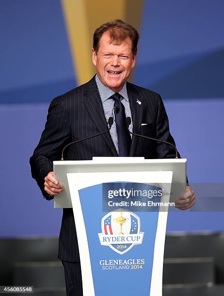 United States team captain Tom Watson speaks during the Opening Ceremony ahead of the 40th Ryder Cup at Gleneagles on September 25, 2014 in...