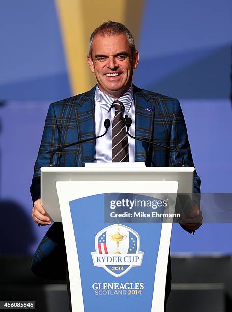 Europe team captain Paul McGinley speaks during the Opening Ceremony ahead of the 40th Ryder Cup at Gleneagles on September 25, 2014 in Auchterarder,...