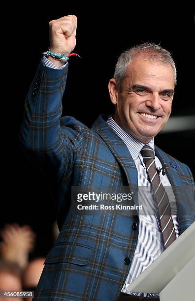 Europe team captain Paul McGinley gestures during the Opening Ceremony ahead of the 40th Ryder Cup at Gleneagles on September 25, 2014 in...