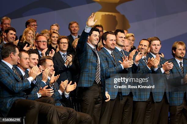 Rory McIlroy of Europe acknowledges the crowd during the Opening Ceremony ahead of the 40th Ryder Cup at Gleneagles on September 25, 2014 in...