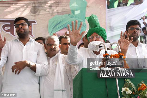 Former Haryana chief minister and INLD supremo Om Prakash Chautala addressing supporters at a rally organised to mark the 100th birth anniversary of...