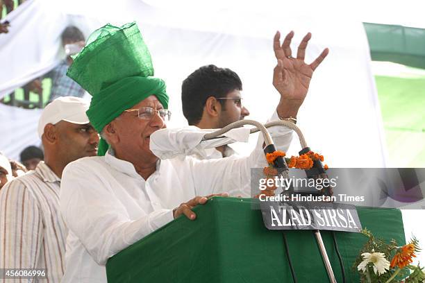 Former Haryana chief minister and INLD supremo Om Prakash Chautala addressing supporters at a rally organised to mark the 100th birth anniversary of...