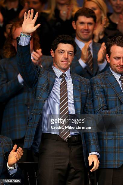 Rory McIlroy of Europe waves to the crowd as he is introduced during the Opening Ceremony ahead of the 40th Ryder Cup at Gleneagles on September 25,...