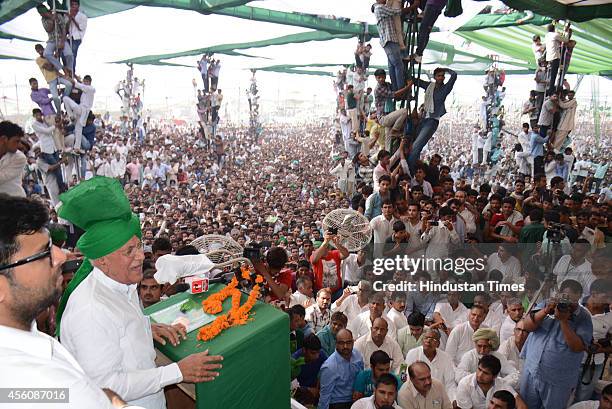 Former Haryana chief minister and INLD supremo Om Prakash Chautala addressing supporters at a rally organised to mark the 100th birth anniversary of...