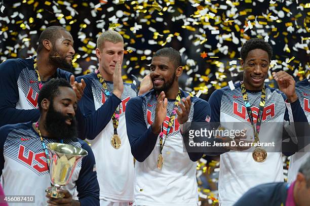 Kyrie Irving of the USA Men's National Team celebrates after defeating the Serbia National Team during the 2014 FIBA World Cup Finals at Palacio de...
