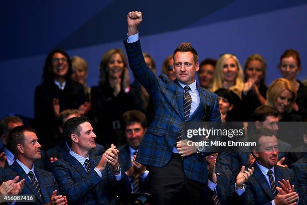 Ian Poulter of Europe acknowledges the crowd during the Opening Ceremony ahead of the 40th Ryder Cup at Gleneagles on September 25, 2014 in...