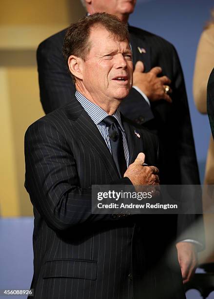 United States team captain Tom Watson sings the national anthem during the Opening Ceremony ahead of the 40th Ryder Cup at Gleneagles on September...