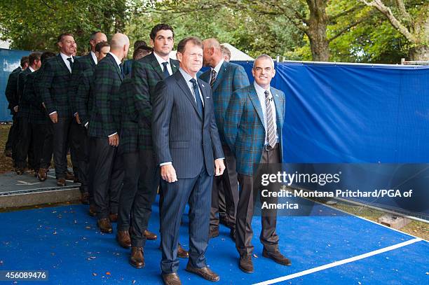 United States Ryder Cup Captain Tom Watson and European Ryder Cup Captin Paul McGinley wait to enter during the Opening Ceremonies for the 40th Ryder...