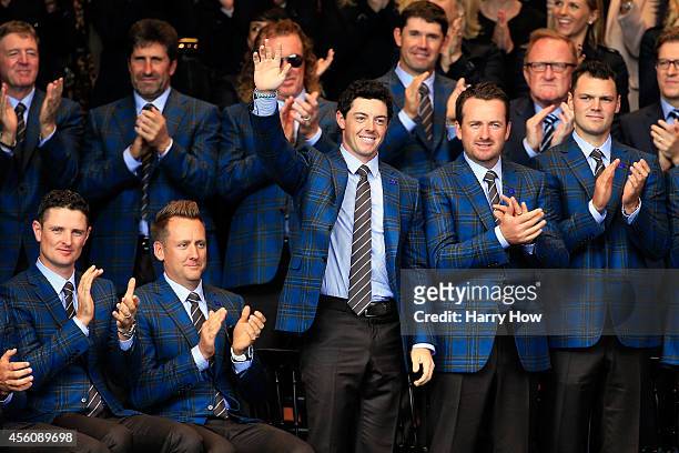 Rory McIlroy of Europe waves to the crowd during the Opening Ceremony ahead of the 40th Ryder Cup at Gleneagles on September 25, 2014 in...