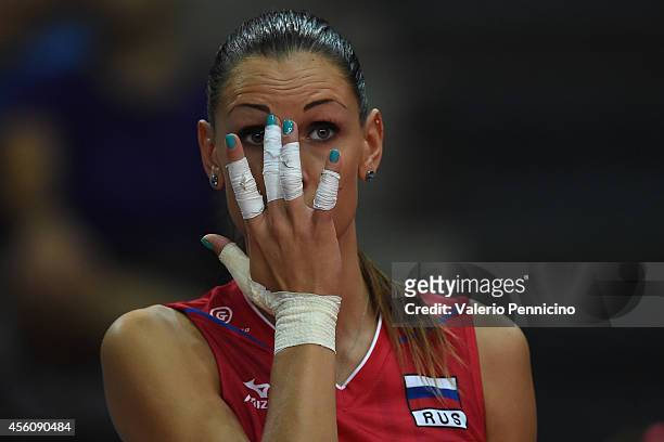Nataliya Goncharova of Russia looks on during the FIVB Women's World Championship pool C match between Kazakhstan and Russia on September 25, 2014 in...