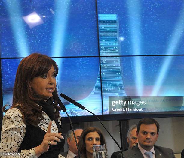 In this handout provided by Presidencia, President of Argentina Cristina Fernandez de Kirchner speaks during a press conference at Presidential...