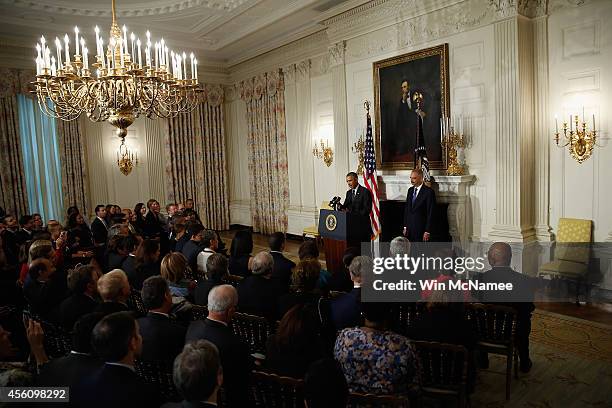 President Barack Obama stands with Attorney General Eric H. Holder Jr. Who announced his resignation today, September 25, 2014 in Washington, DC....