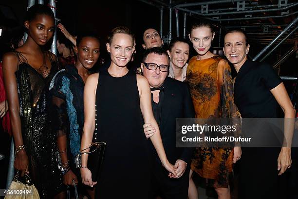 Model Amber Valletta , Fashion designer Alber Elbaz and Audrey Marnay pose backstage after the Lanvin show as part of the Paris Fashion Week...