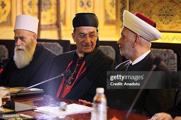 Lebanese new Sheikh Abdul Latif Deryan , Lebanese patriarch of the Maronite church, Beshara al-Rai and other religious leaders attend meeting at...