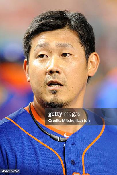 Daisuke Matsuzaka of the New York Mets looks on during game two of a doubleheader baseball game against the Washington Nationals on September 25,...