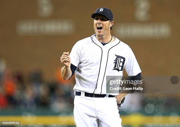 Pitcher Joe Nathan of the Detroit Tigers celebrates after the final out of the game against the Minnesota Twins at Comerica Park on September 25,...