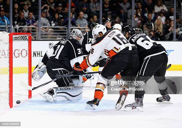 Emerson Etem of the Anaheim Ducks tips the puck past goaltender Martin Jones of the Los Angeles Kings for a goal in the first period at Staples...
