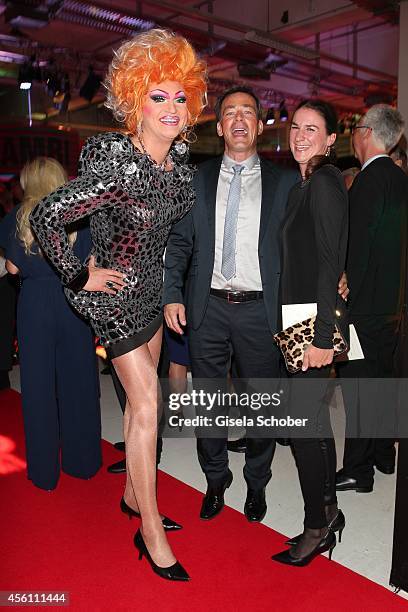 Olivia Jones, Jan Sosniok and his wife Nadine Moellers arrive at Tribute To Bambi 2014 at Station on September 25, 2014 in Berlin, Germany.