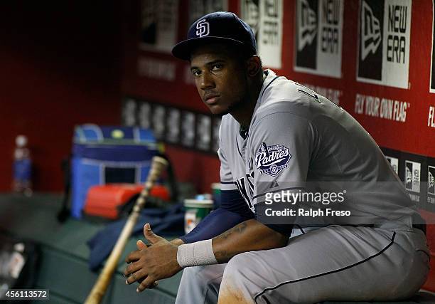 Rymer Liriano of the San Diego Padres looks on from the dugout during the eighth inning of a MLB game against the Arizona Diamondbacks at Chase Field...