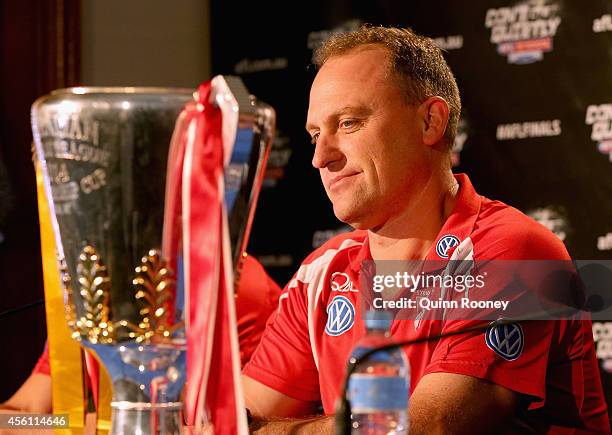 John Longmire the coach of the Swans talks to the media during the 2014 AFL Grand Final Parade press conference on September 26, 2014 in Melbourne,...