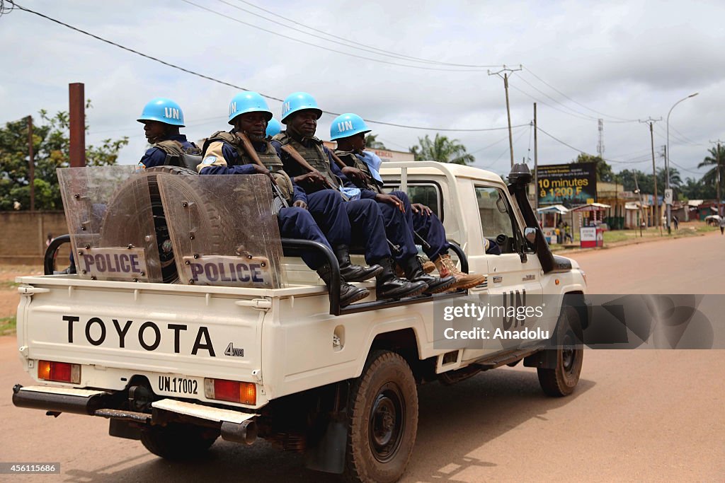 UN peacekeeping troops patrol around the streets in Bangui