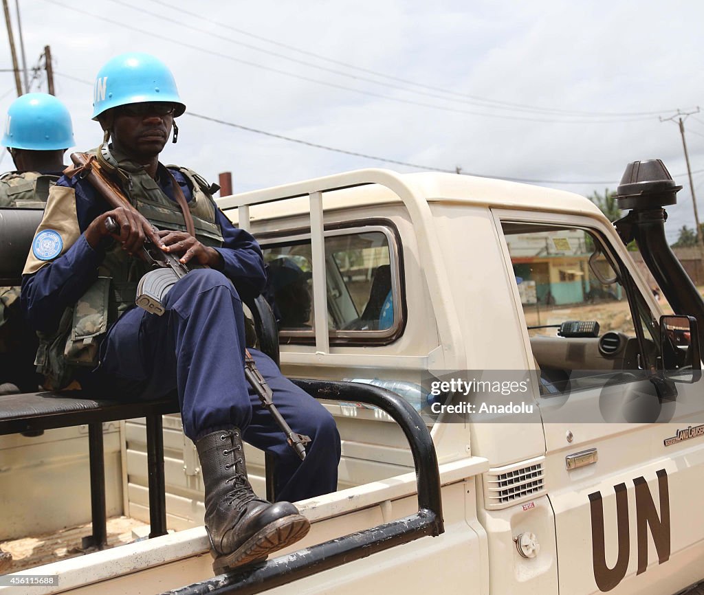 UN peacekeeping troops patrol around the streets in Bangui