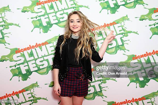 Sabrina Carpenter poses on the media wall ahead of the Nickelodeon Slimefest 2014 evening show at Sydney Olympic Park Sports Centre on September 26,...