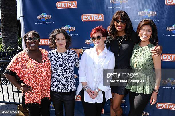 Sheryl Underwood, Sara Gilbert, Sharon Osbourne, Aisha Tyler and Julie Chen visit "Extra" at Universal Studios Hollywood on September 25, 2014 in...