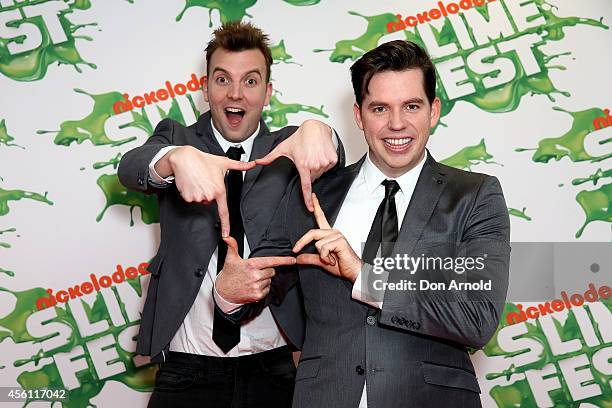 Luke Ryan and Wyatt Nixon-Lloyd pose on the media wall ahead of the Nickelodeon Slimefest 2014 evening show at Sydney Olympic Park Sports Centre on...