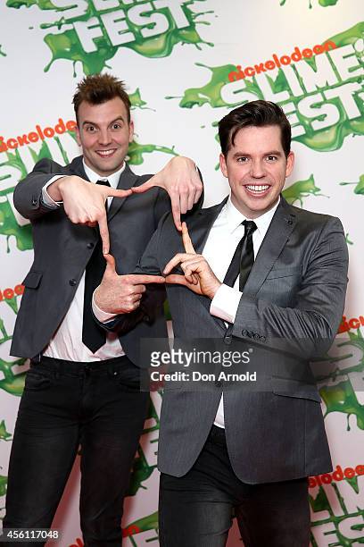 Luke Ryan and Wyatt Nixon-Lloyd pose on the media wall ahead of the Nickelodeon Slimefest 2014 evening show at Sydney Olympic Park Sports Centre on...