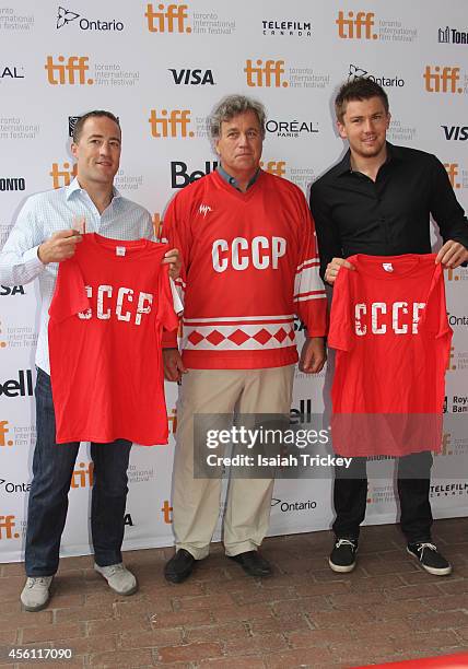 Player Stephane Robidas, Co-Founder of Sony Pictures Classics Tom Bernard, and NHL Player James van Riemsdyk arrive at the 'Red Army' Premiere during...