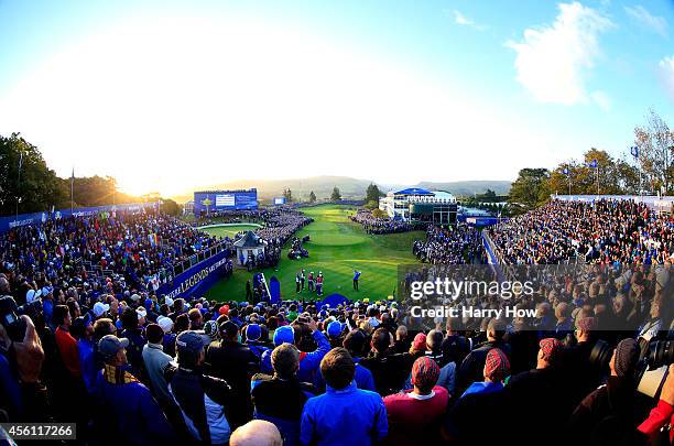 Henrik Stenson of Europe tees off on the 1st hole during the Morning Fourballs of the 2014 Ryder Cup on the PGA Centenary course at the Gleneagles...