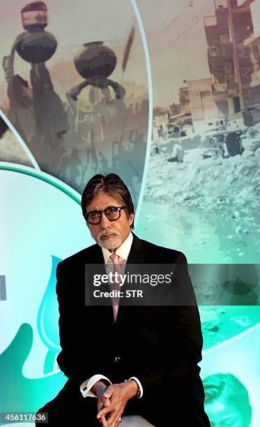 Indian Bollywood film actor Amitabh Bachchan poses during the launch of Dettol's 'Banega Swachh India' nationwide initiative, a five year programme...