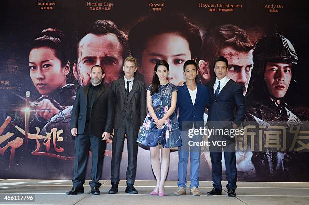 Director Nick Powell, actor Hayden Christensen, actress Liu Yifei, actor Su Jiahang and actor Andy On attend Nick Powell's new movie 'Outcast'...