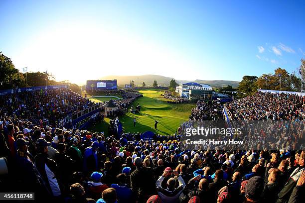 General view as Patrick Reed of the United States tees off on the 1st during the Morning Fourballs of the 2014 Ryder Cup on the PGA Centenary course...