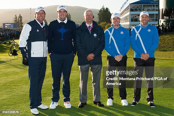 Ryder Cup Team members Phil Mickelson and Keegan Bradley of the United States and European Ryder Cup Team members Rory McIlroy of Northern Ireland...