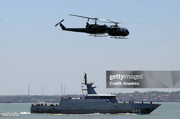 Indonesia warships perform Sailing Pass during the preparation for the anniversary of Indonesia Military or Tentara Nasional Indonesia at Indonesian...