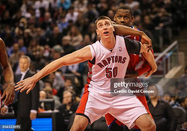 Toronto Raptors power forward Tyler Hansbrough boxes out Philadelphia 76ers power forward Lavoy Allen during his first game as a Raptor as the...