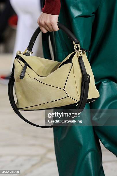 Accessories, a handbag detail on the runway at the Loewe Spring Summer 2015 fashion show during Paris Fashion Week on September 26, 2014 in Paris,...