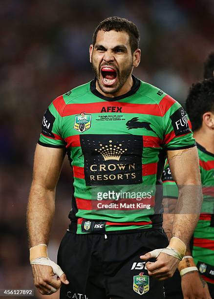 Greg Inglis of the Rabbitohs celebrates scoring his first try during the First Preliminary Final match between the South Sydney Rabbitohs and the...