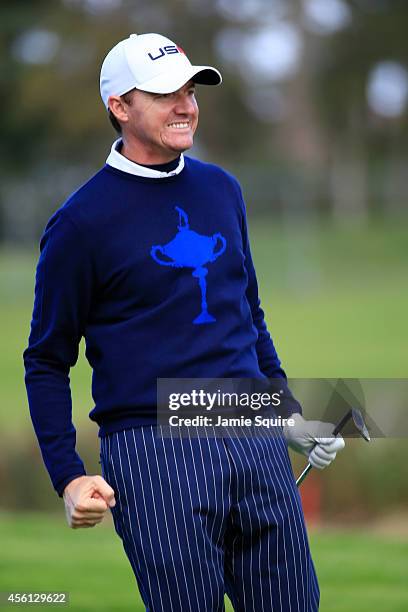 Jimmy Walker of the United States celebrates on the 15th hole during the Morning Fourballs of the 2014 Ryder Cup on the PGA Centenary course at the...