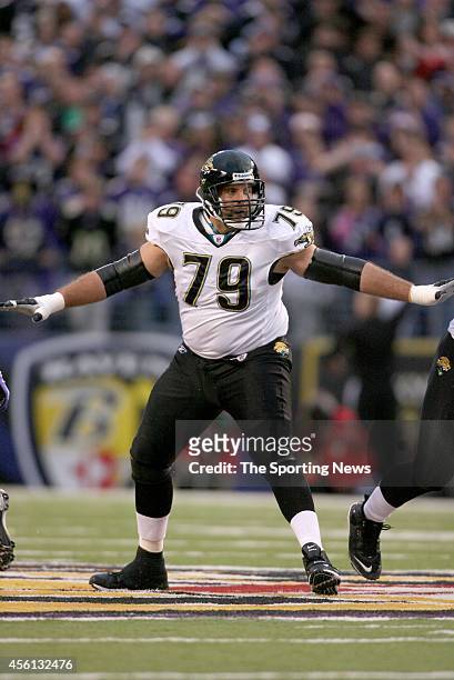 Tony Pashos of the Jacksonville Jaguars in position during a game against the Baltimore Ravens on December 27, 2008 at the M&T Bank Stadium in...