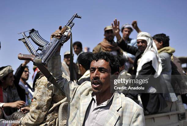 Houthi members rally to celebrate what they describe as a "Friday of Victory", after seizing control of the Yemeni capital, in Sanaa, Yemen, on...