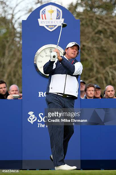 Phil Mickelson of the United States tees off on the 13th during the Morning Fourballs of the 2014 Ryder Cup on the PGA Centenary course at the...